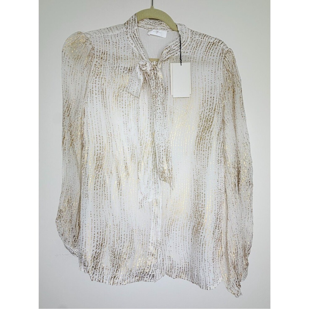 NWT ✨ 7 For All Mankind White & Gold Metallic Blouse Neck Tie Sz Medium $198